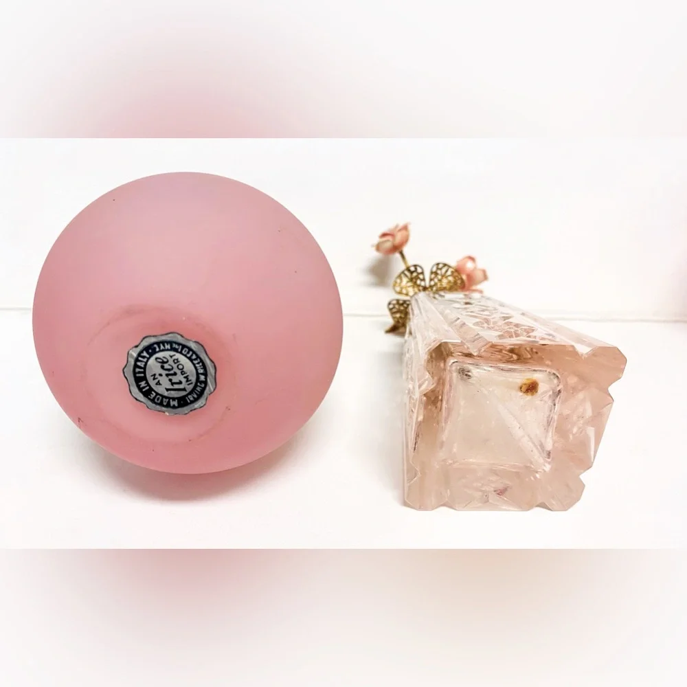 2 Vintage IRICE Italy Pink Satin Cut Crystal Flowers Perfume Bottles - Picture 8 of 9